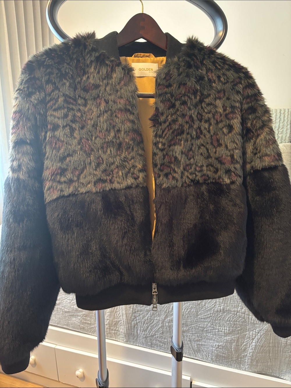 Golden Goose Black Faux Fur Bomber Jacket with Olive Leopard Yoke